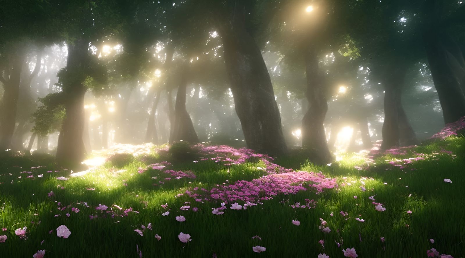 Magical Forest Landscape with Volumetric Lighting