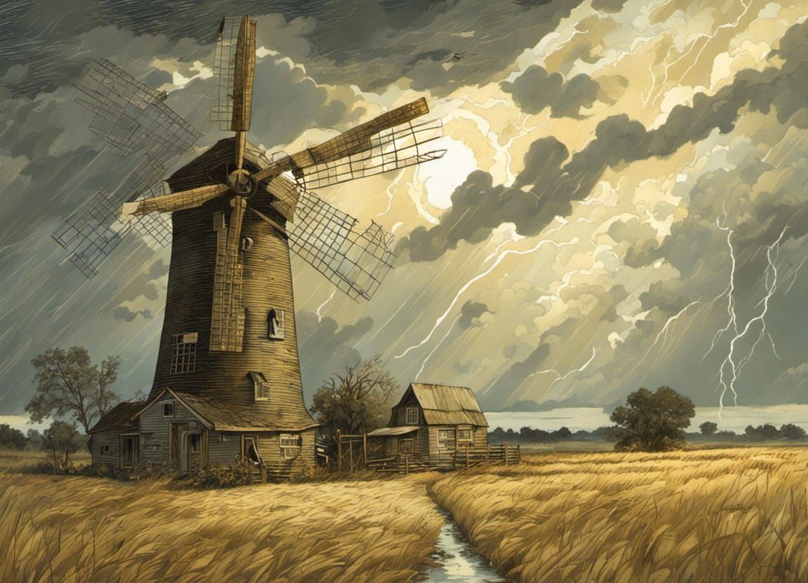 Kansas Farm Windmill in Storm with Lightning