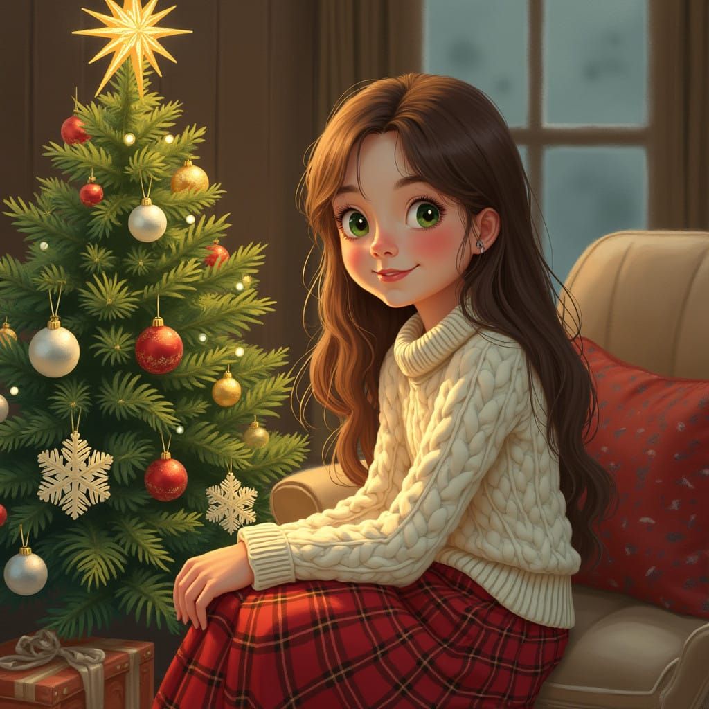 Cozy Christmas Scene with Girl and Tree