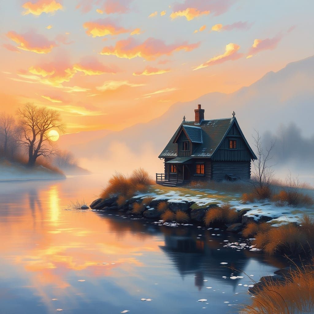Peaceful Sunset Scene in Impressionist Style