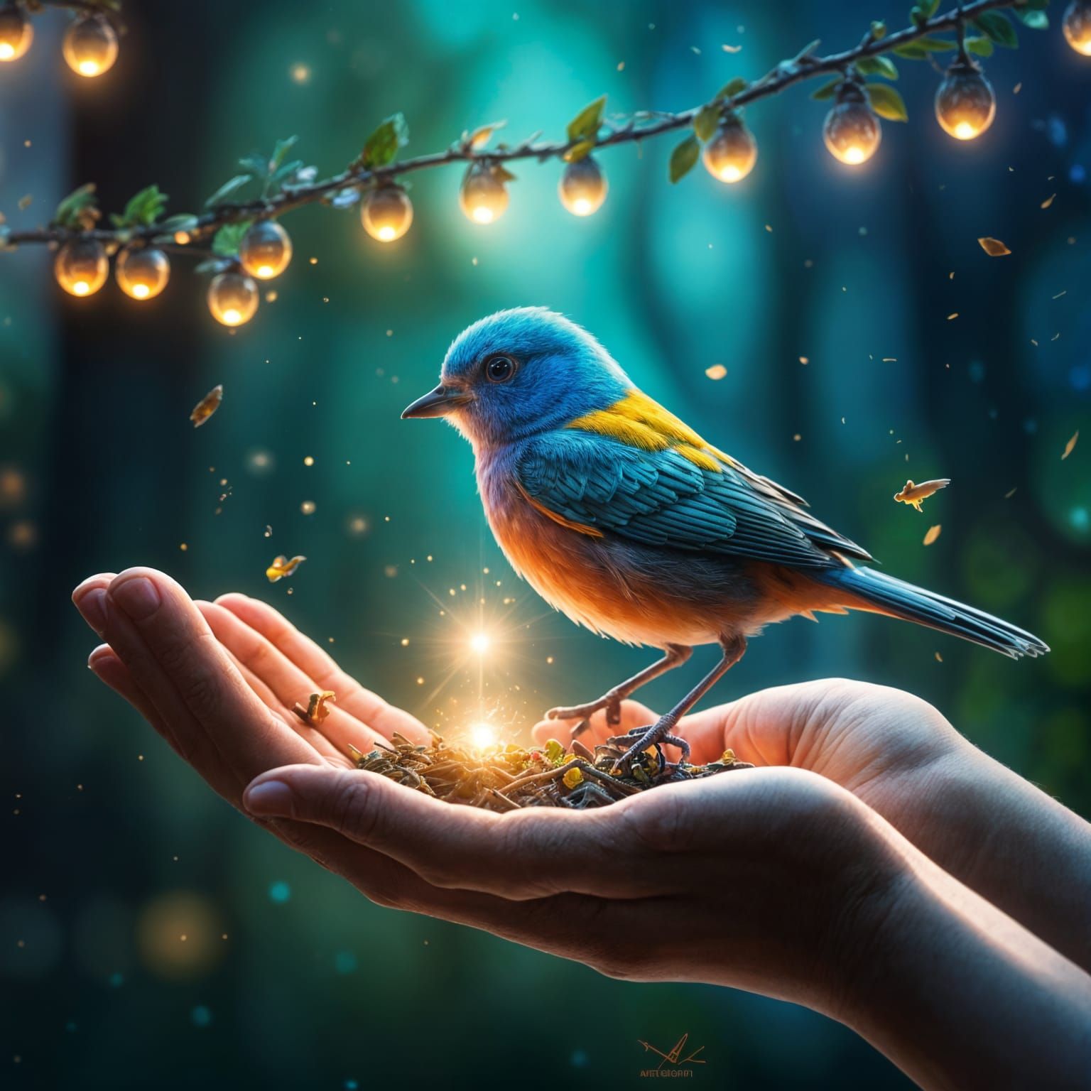 Magical Hands Heal Bird: Hyperdetailed Matte Illustration