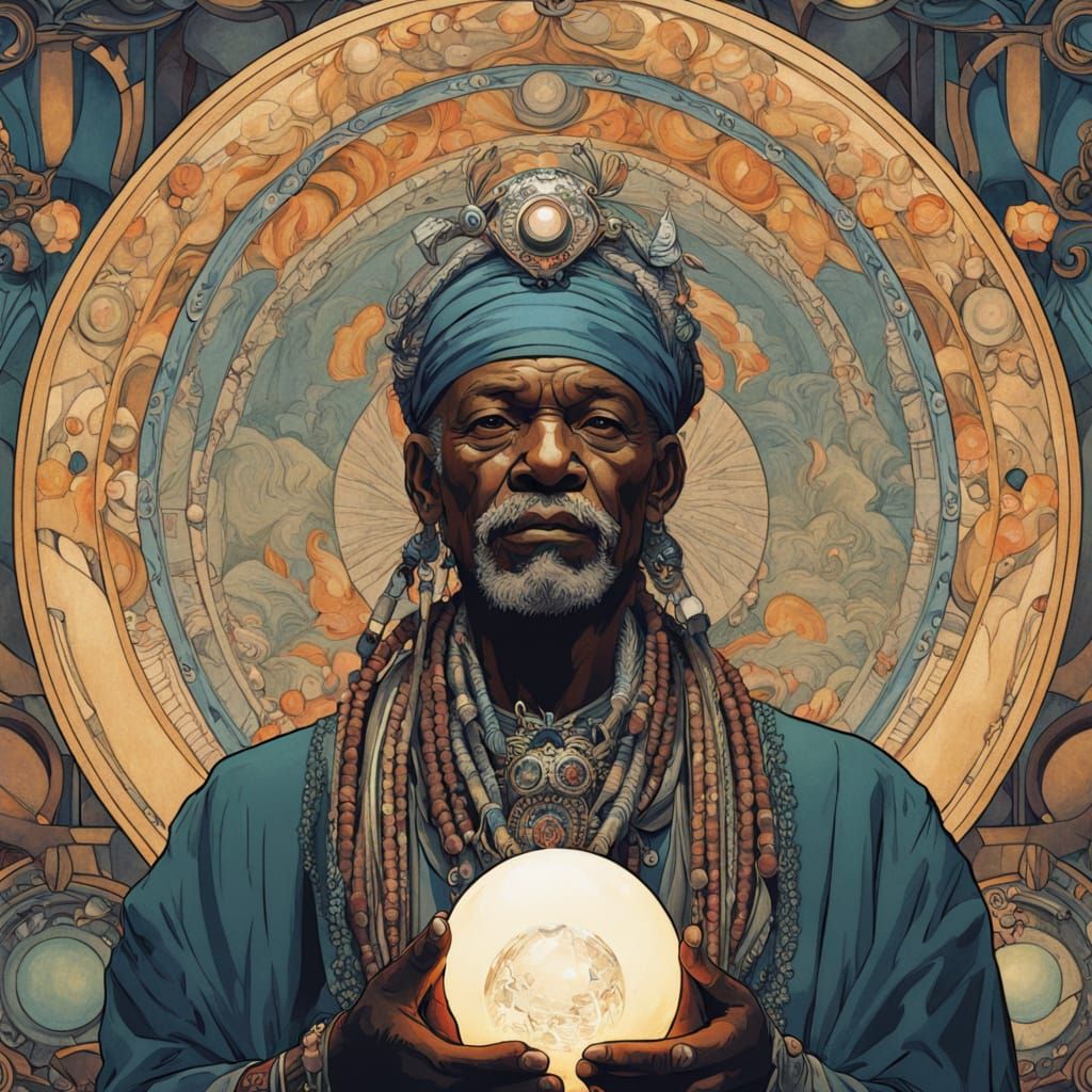 Afrofuturist Shaman Gazing Into Crystal Ball, Vintage Style