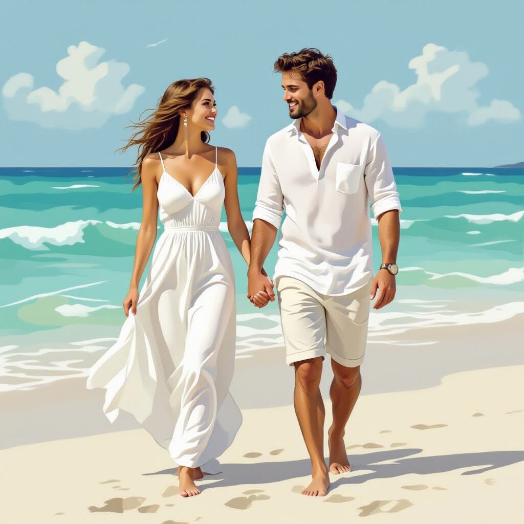 Couple Holding Hands on Beach in Vintage Style