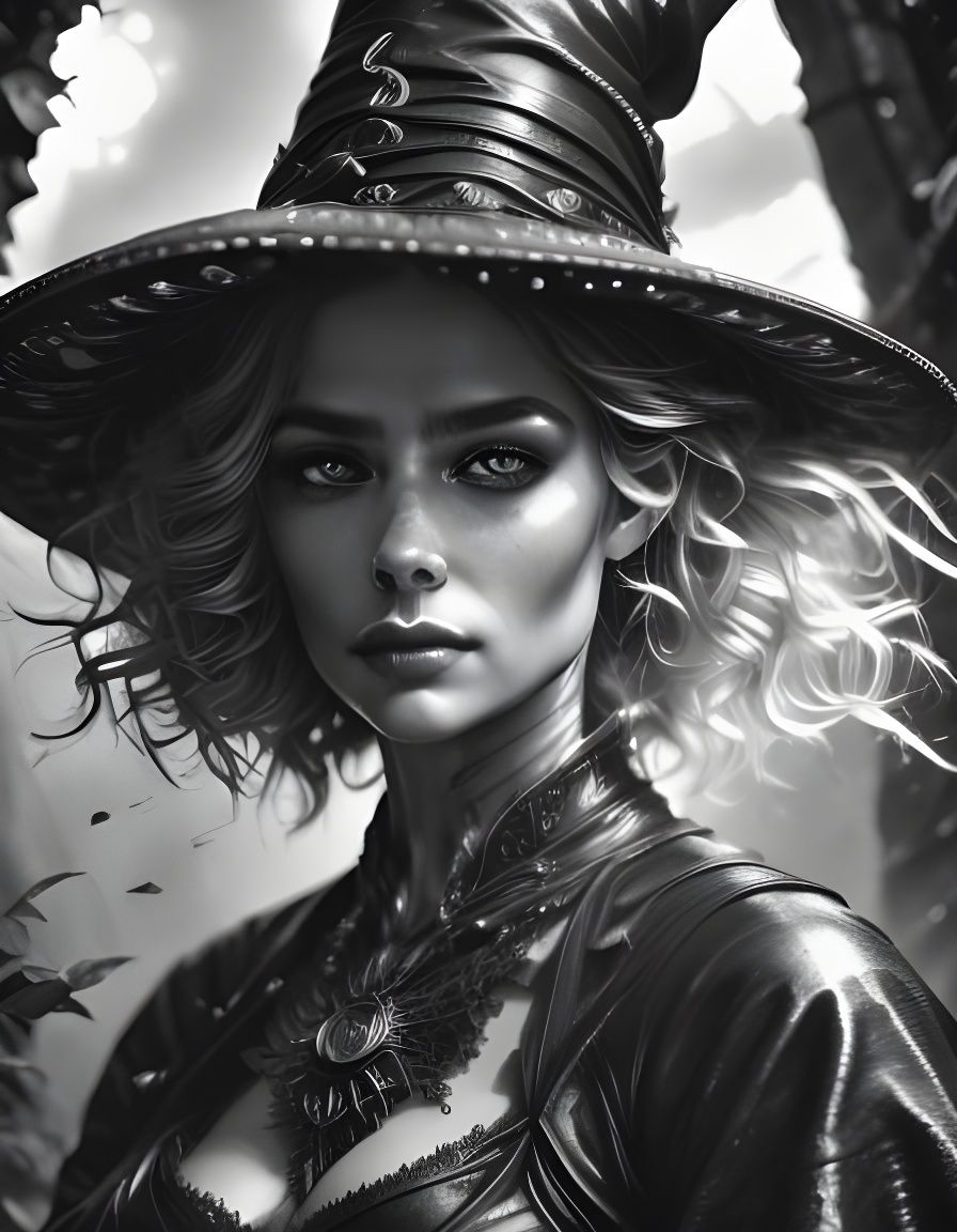 Intricate Black and White Witch Portrait in Surreal Style