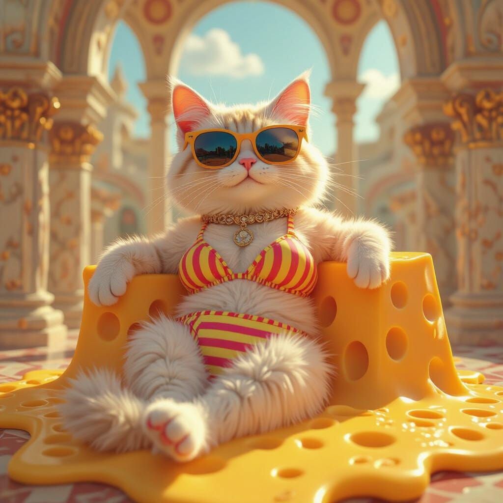 Cheddar Cheese Cat Lounging in Art Nouveau Style