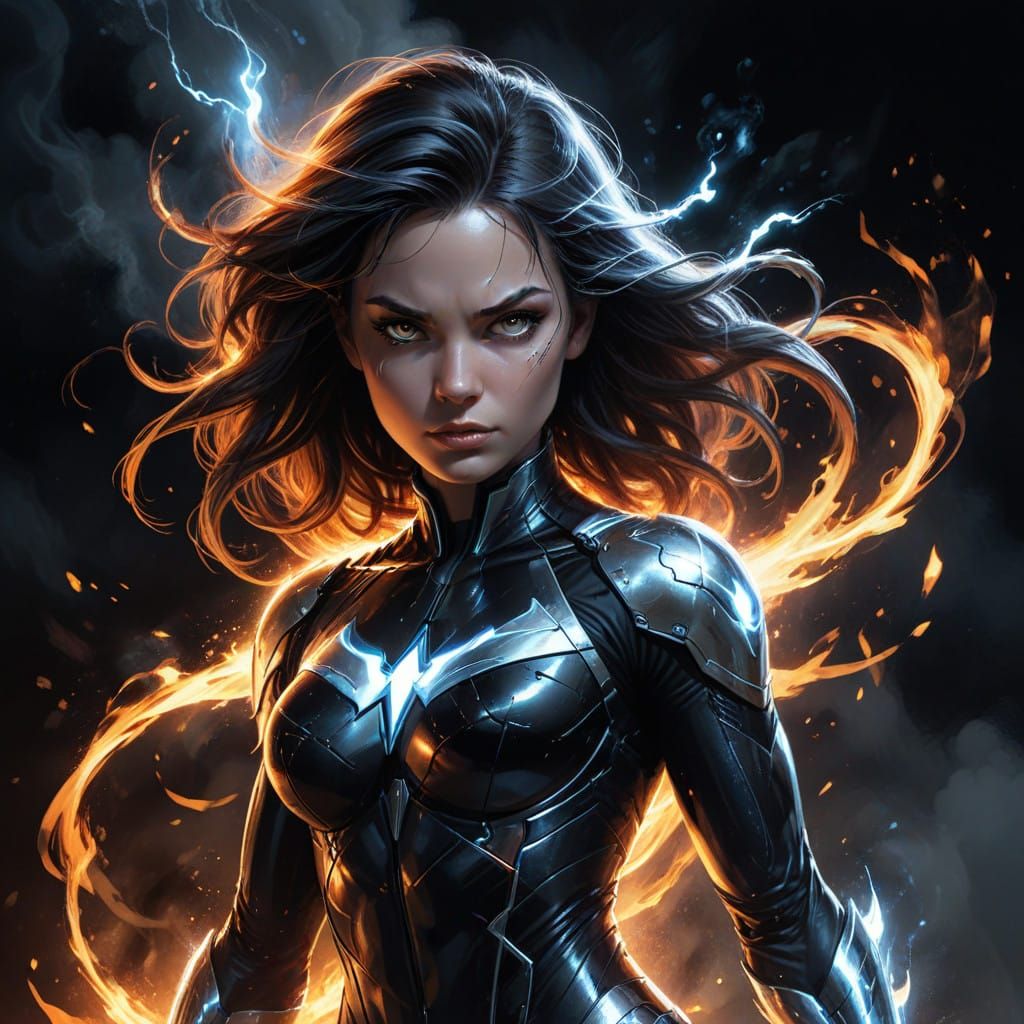 Sleek Female Superhero Radiates Power in Blazing Fire Hair