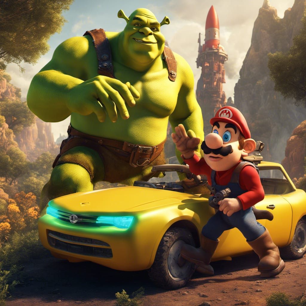 Shrek and Mario on Rocket in Space