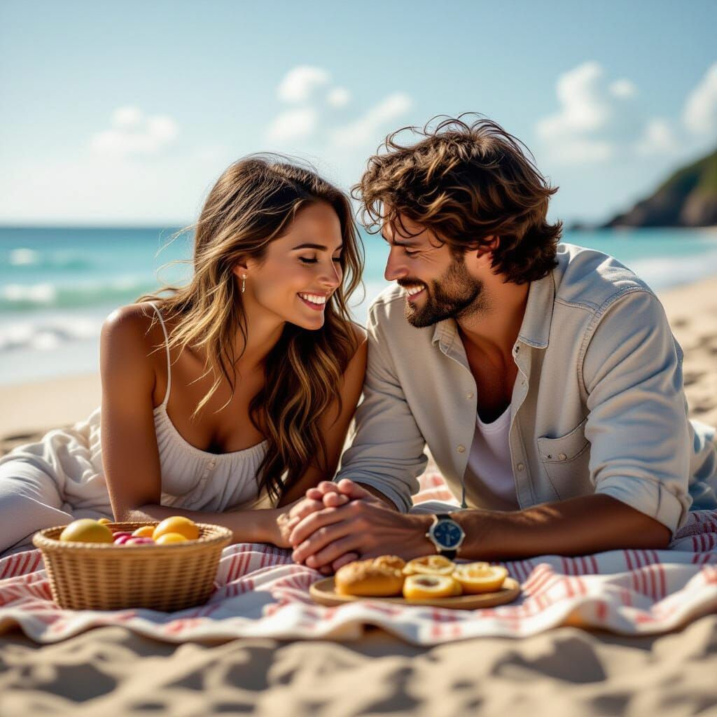 Couple Cuddling on Beach Picnic, Cinematic Film Still