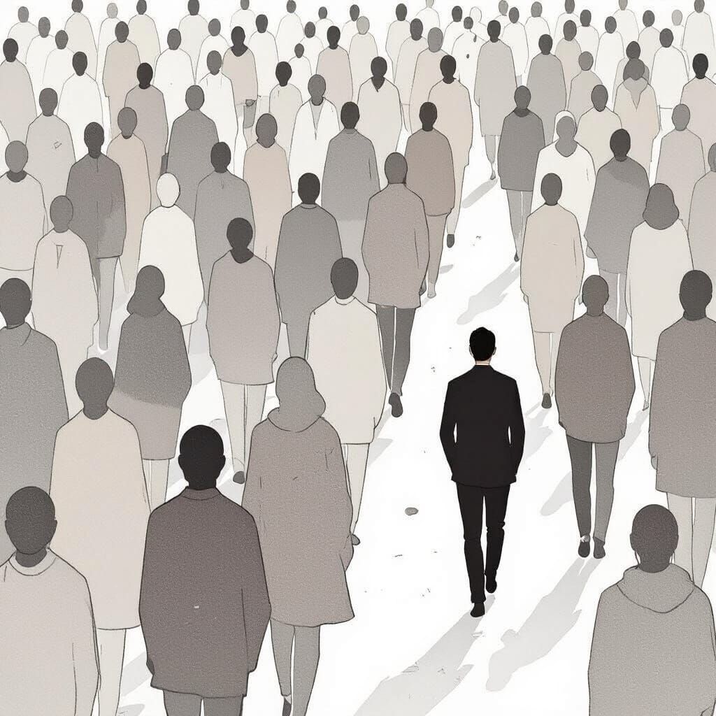 Conceptual Art: Lone Figure Stands Tall in Faceless Crowd