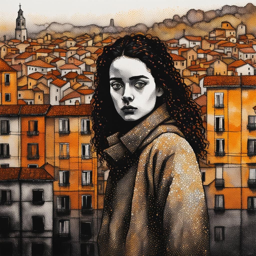 Pointillist Portrait in Blended Ochre Hues with Pixel Art El...