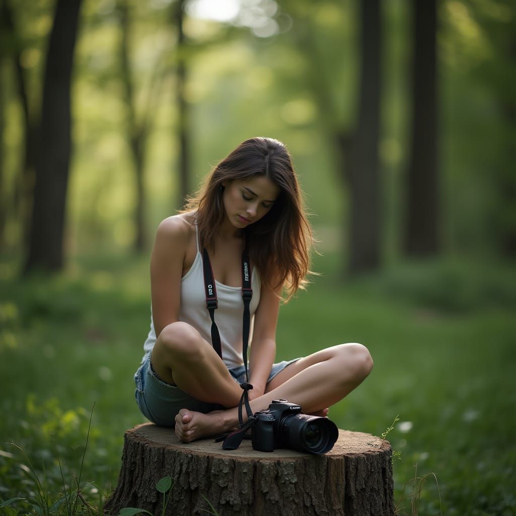 Contemplative Woman with Camera in Forest, Leibovitz Style