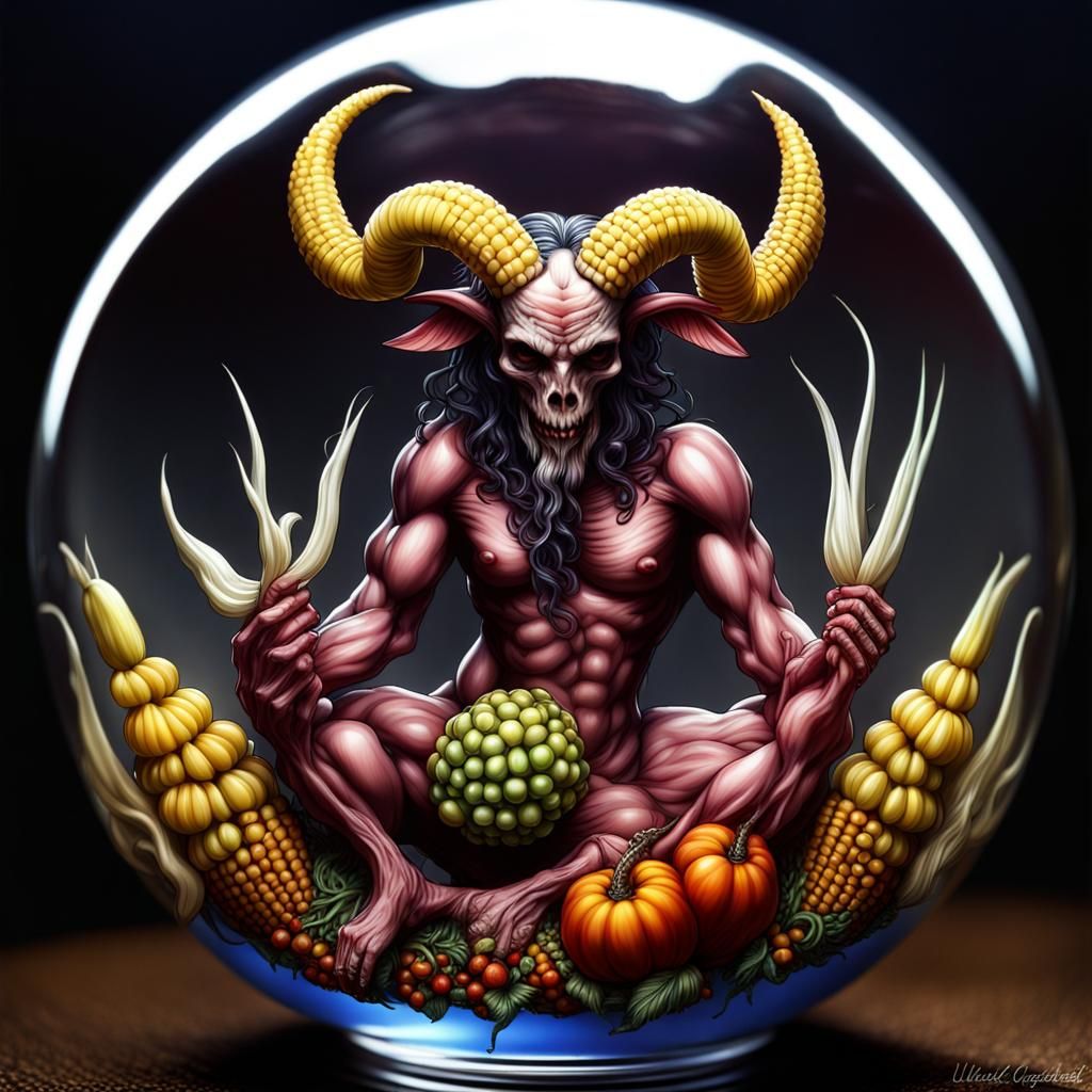 Muscular Baphomet Shucking Corn in Glass Sphere
