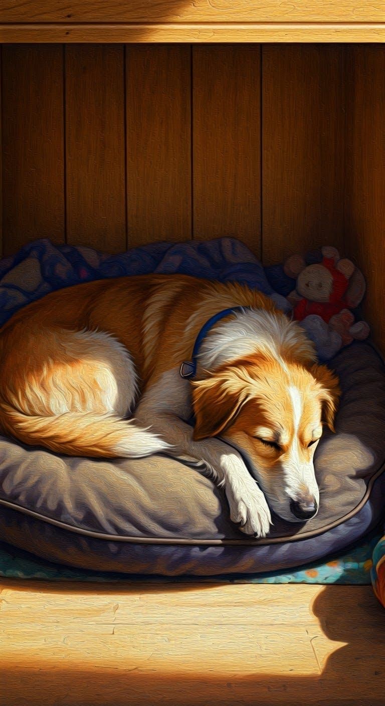 Warm Woodland Kennel Scene in Expressive Brushstrokes