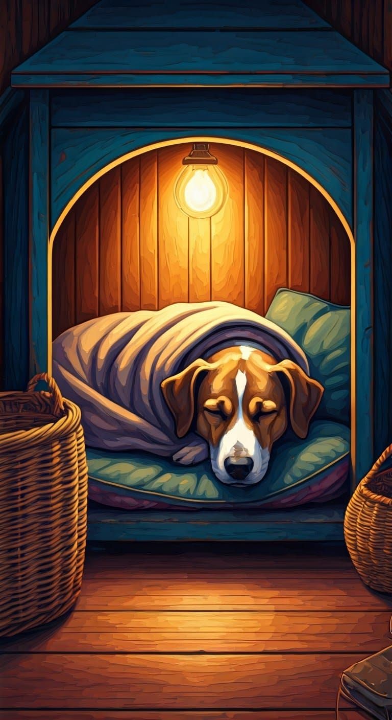 Serene Mixed-Breed Dog in Cozy Kennel Scene