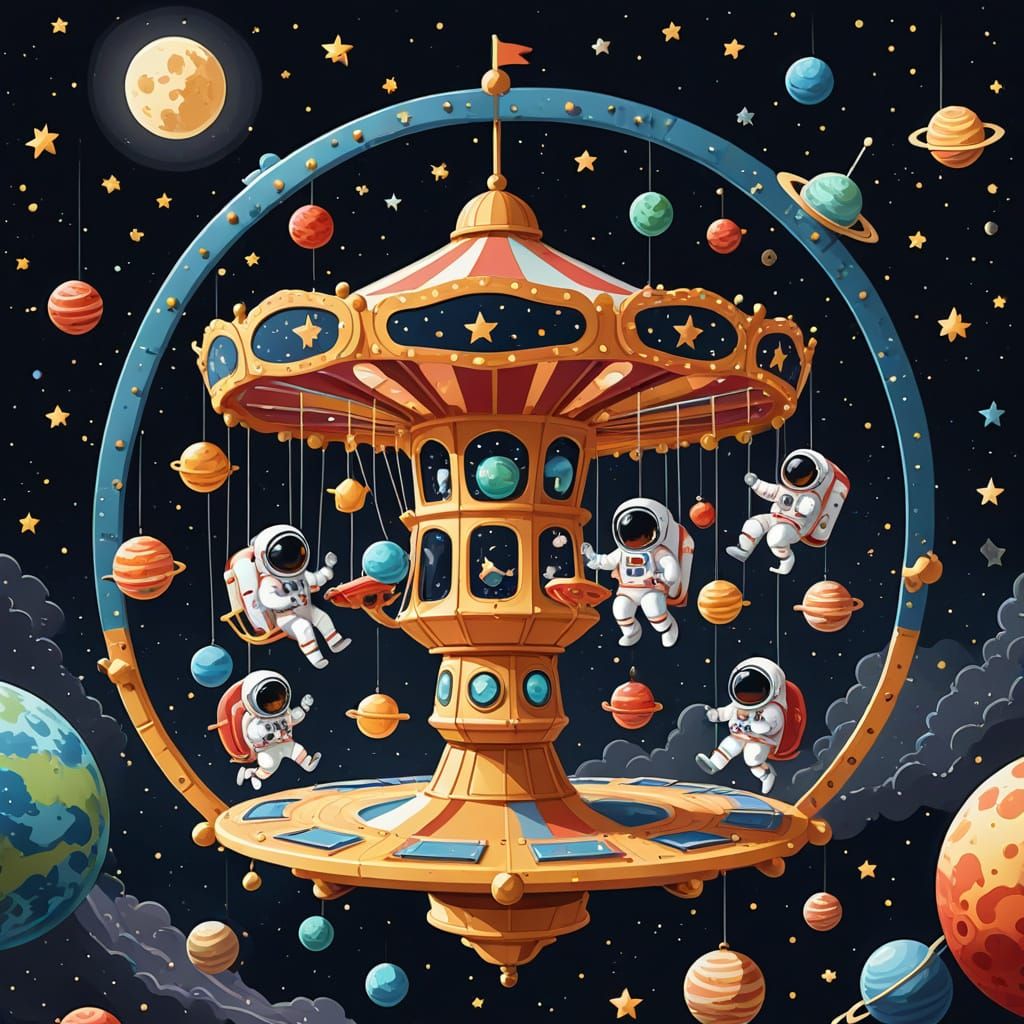 Zero-Gravity Carousel in Space with Astronauts