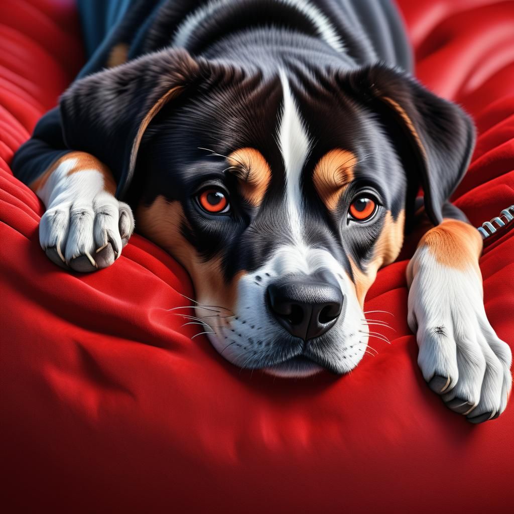 Husky on a Red Beanbag, Photorealistic Detail