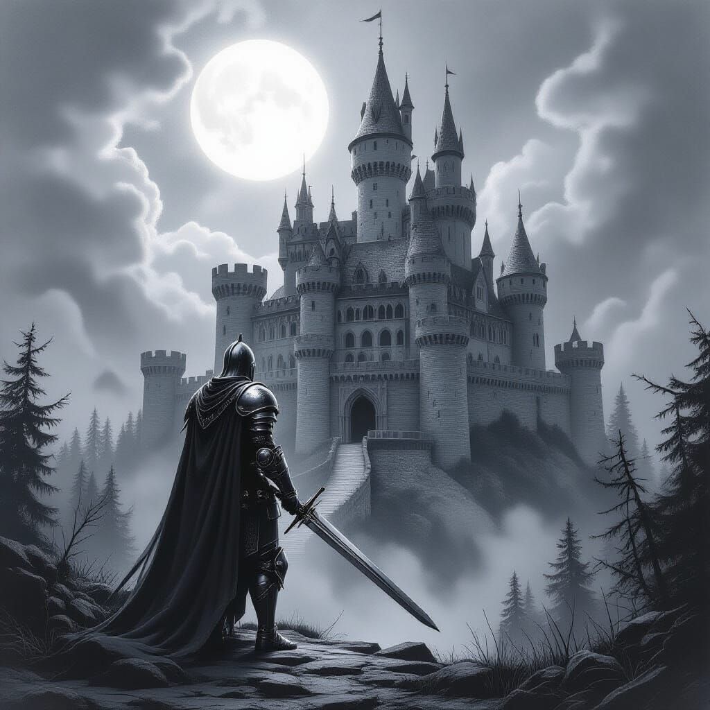 Knight Stands Guard: Pencil Sketch Fantasy Art