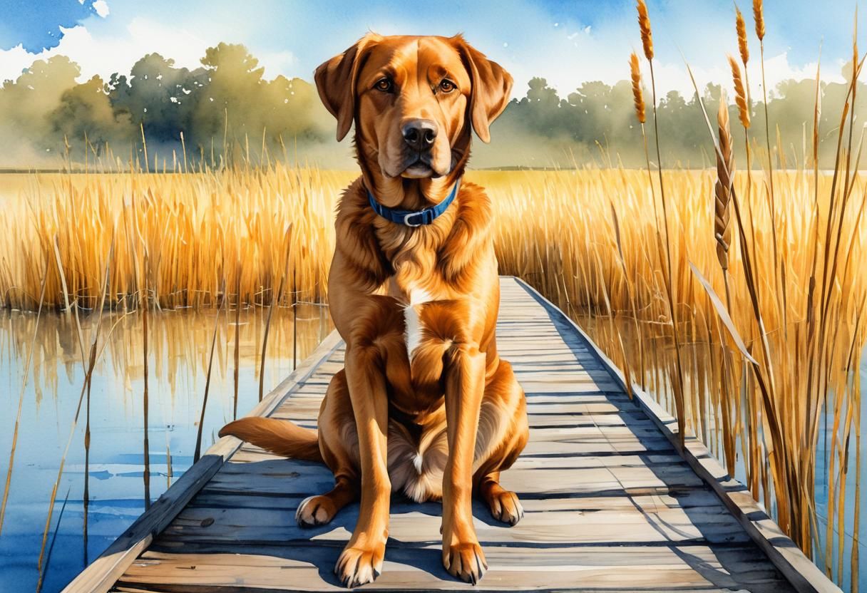 Dog Overlooking Lake in Watercolor and Ink Wash