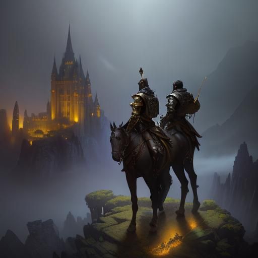 Knights Guarding Mountain Castle in Dark Fantasy Art