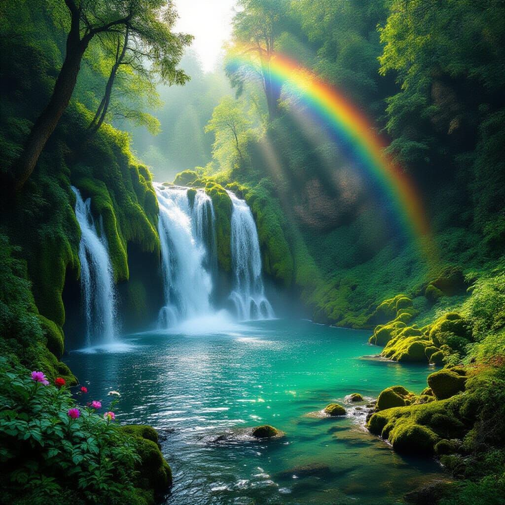Majestic Waterfall in Lush Green Forest