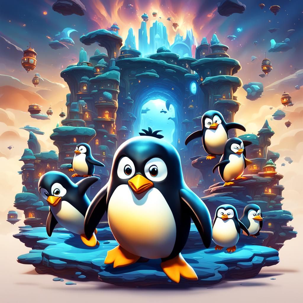 Cartoon Penguins Poster in Detailed Matte Painting Style