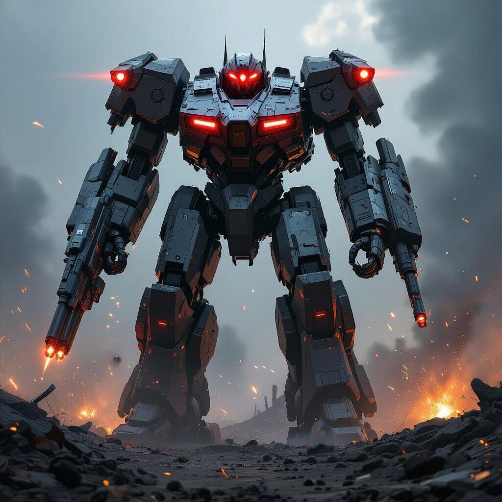 Futuristic Battle Robot on Ruined Battlefield