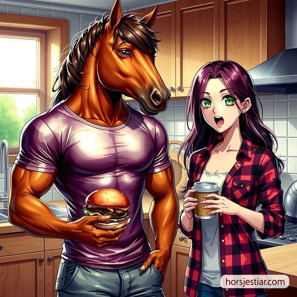 Horse-Headed Man in Anime Kitchen Scene