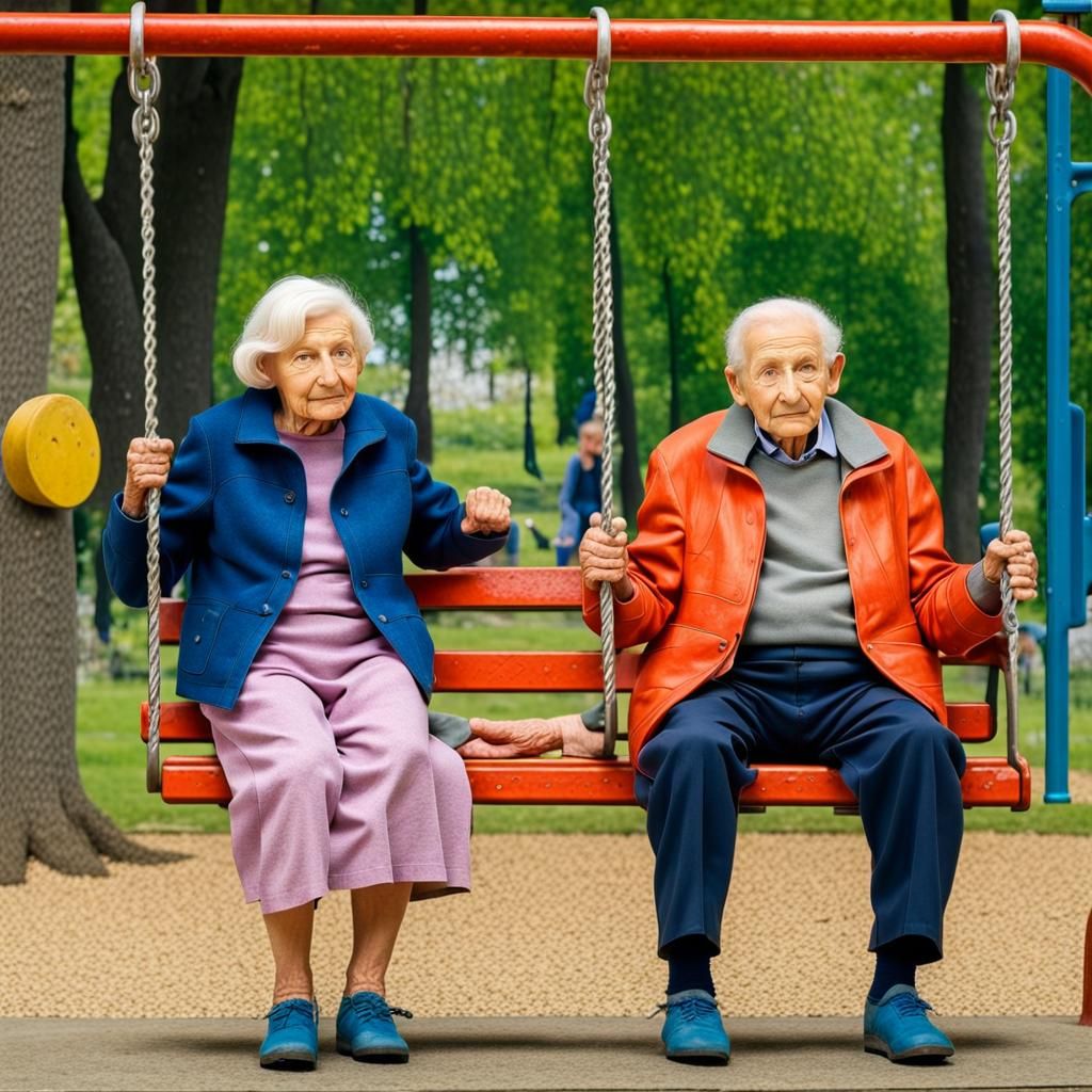 Colorful Playground Scene with Children and Elderly Couple
