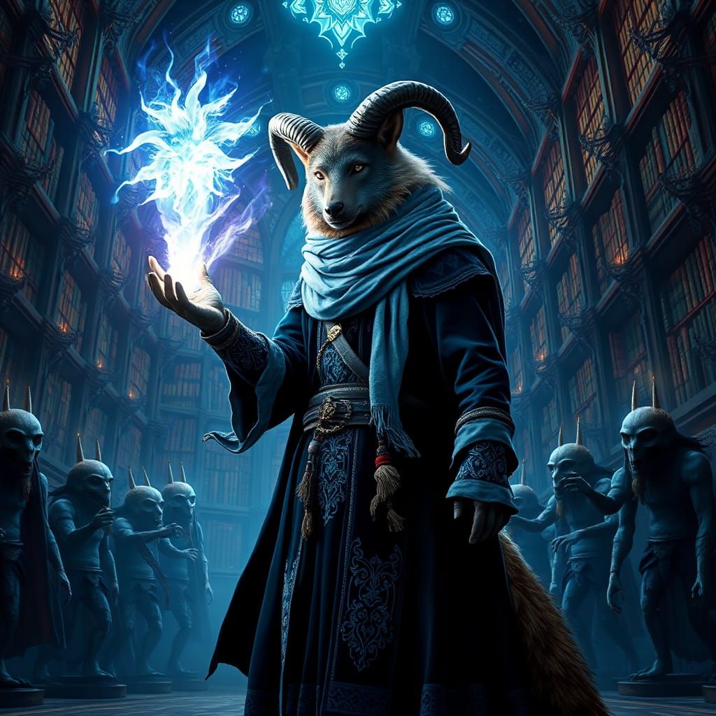 Mystical Wolf Warlock Conjuring Aurora in Magic Library