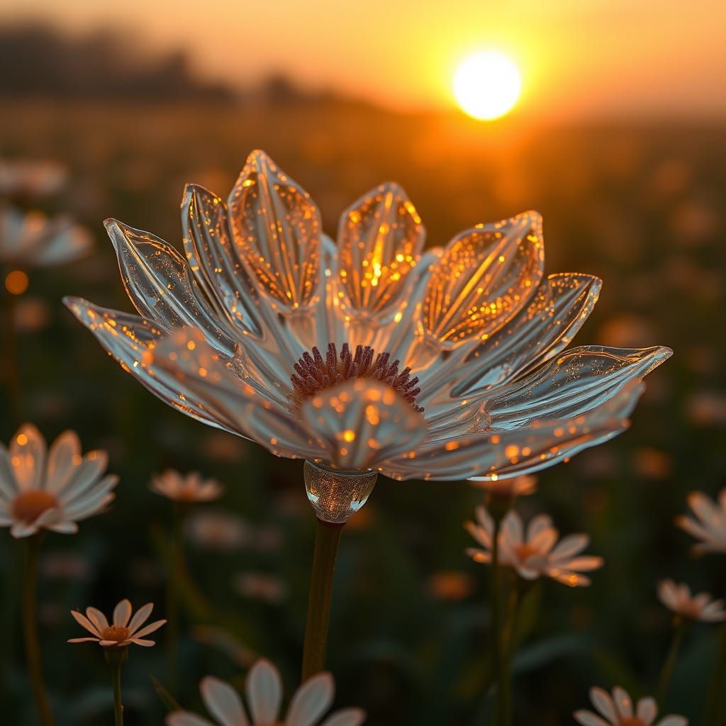 Crystal Flower Meadow in Vibrant Sunset