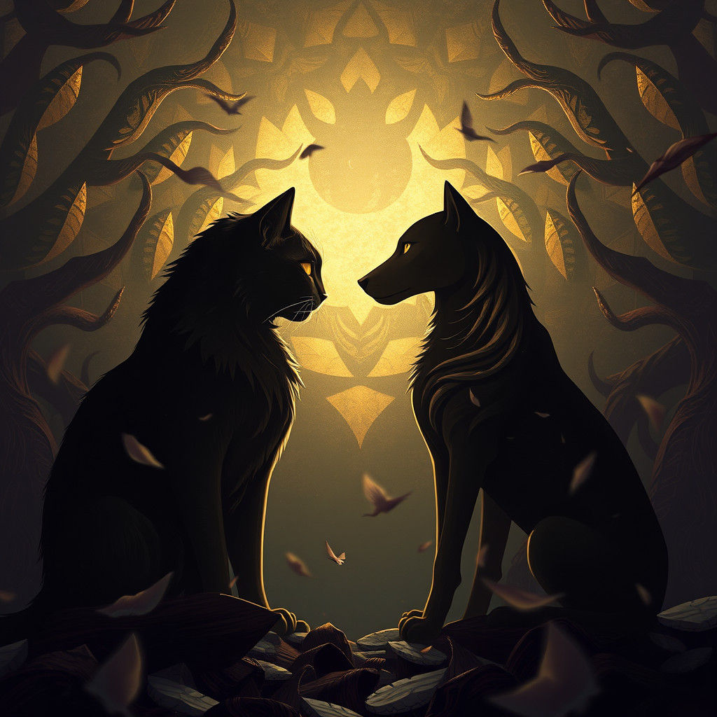 Mystical Cat and Dog Standoff in Dark Fantasy Style