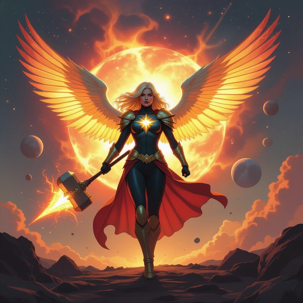 Celestial Superheroine Wields Energy Hammer in Comic Book St...