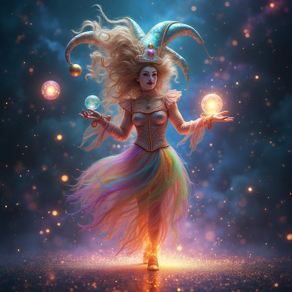 Vibrant Cosmic Jester in Swirling Light and Color