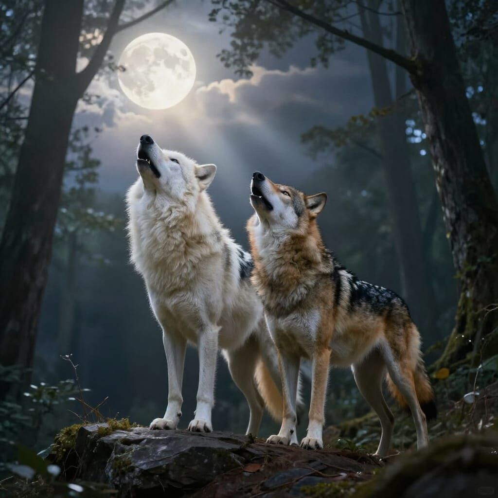 Wolves Howling at Moon in Ethereal Forest