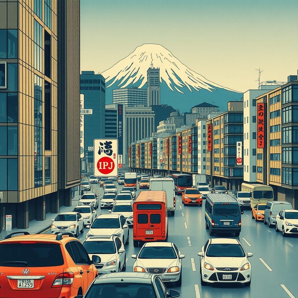 Art by Katsushika Hokusai, modern city traffic jam, vehicles reimagined in ukiyo-e style, skyscrapers as Mt. Fuji, subtl...