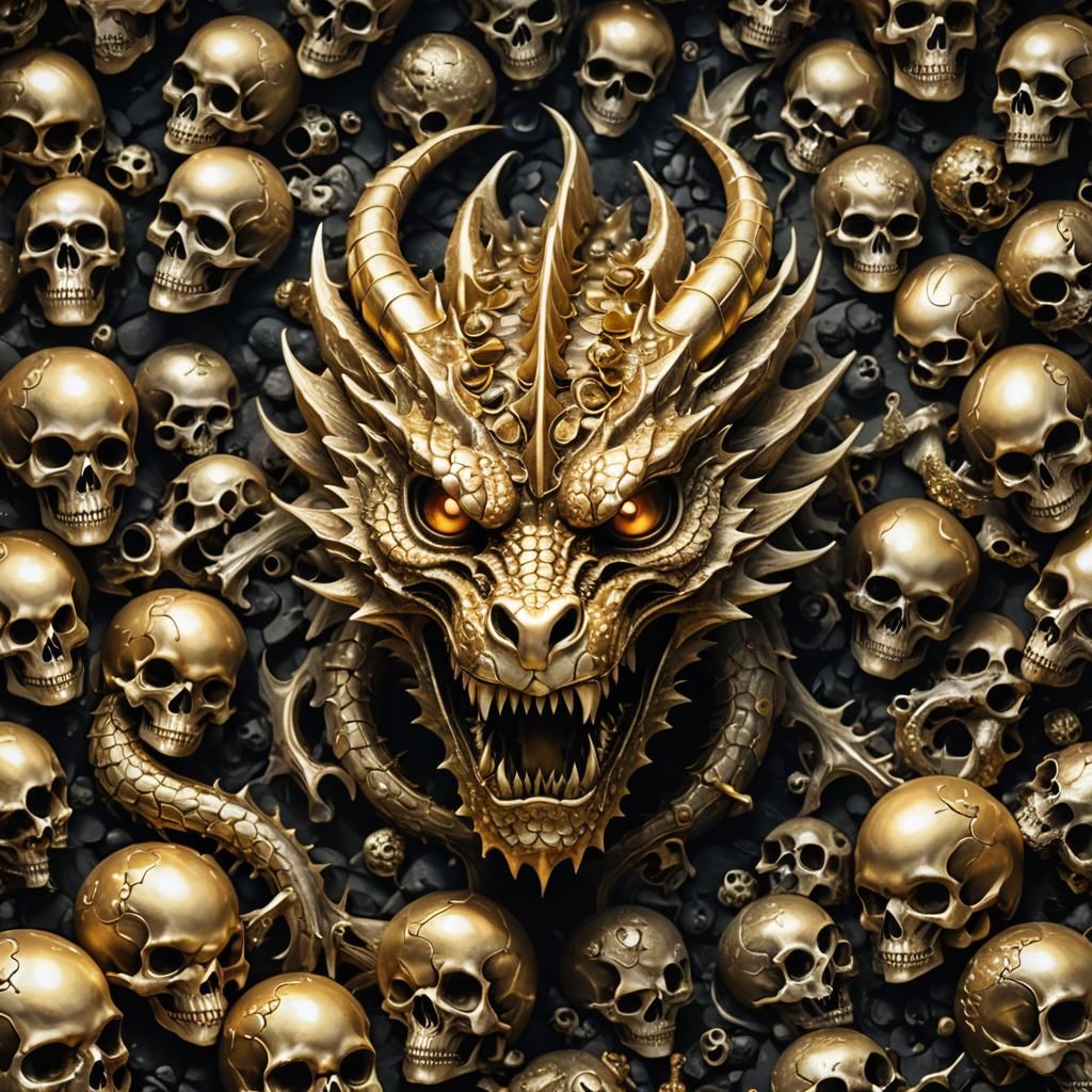Golden Dragon Amidst Skulls: Surreal Macro Photography