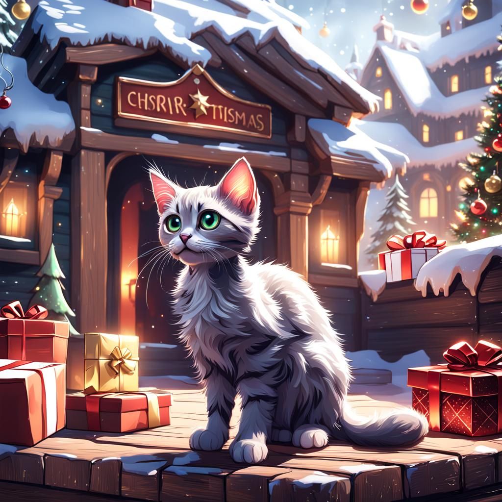 Animated Kitten Stares at Christmas Present