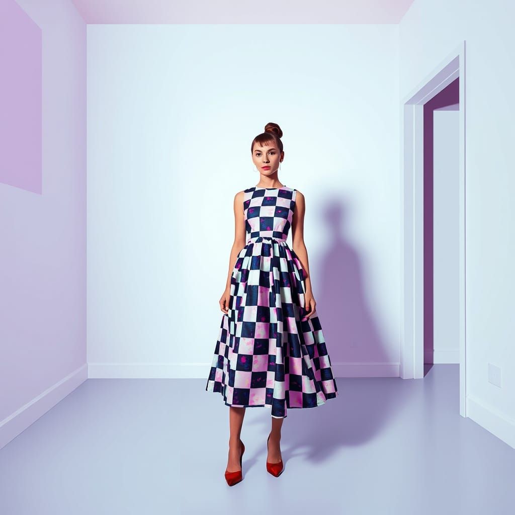 Checkerboard Dress in Minimalist Room as Digital Collage