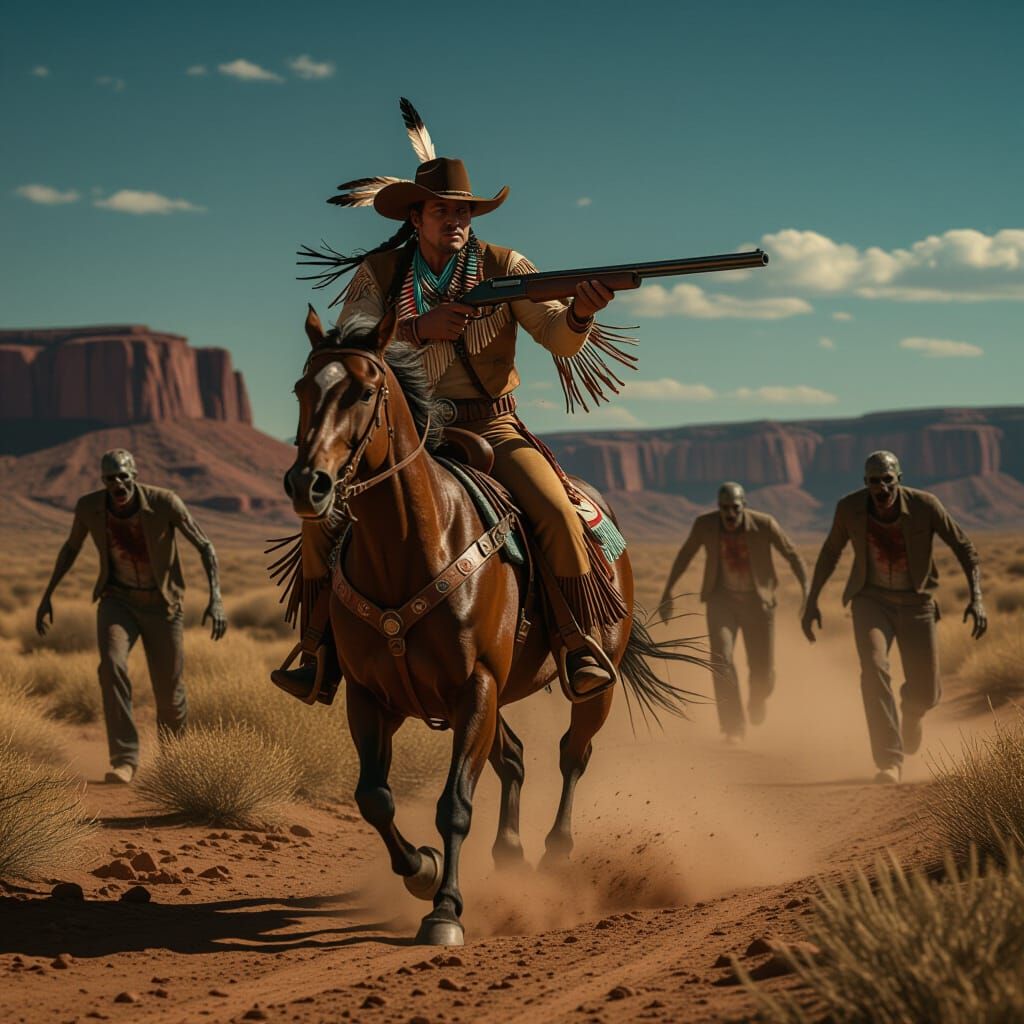 Cowboy Pursues Zombies Through Desolate Landscape