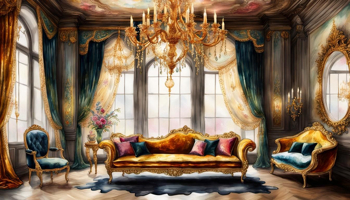 Decadent Living Room with Gold Mirror, Digital Painting
