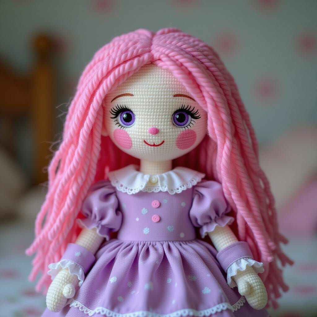 Cute Raggedy Doll with Pink Yarn Hair and Lavender Eyes