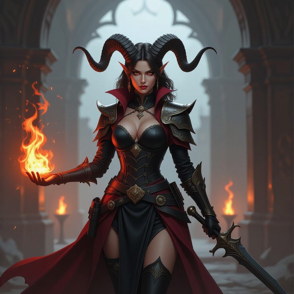 Tiefling Councilor with Fire Shield Construct in Dark Fantas...