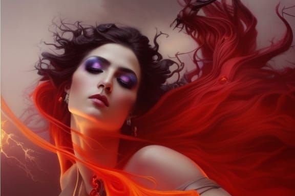 Gothic Goddess with Flowing Hair, Intricate Portrait