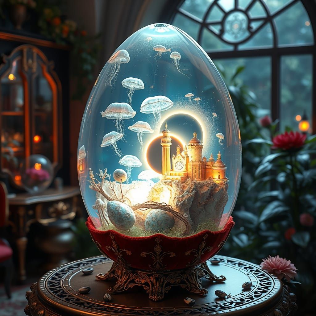 A massive gemstone easter egg, shifting between solidity & transparency, reveals a hidden 3D Fairytale world in holograp...