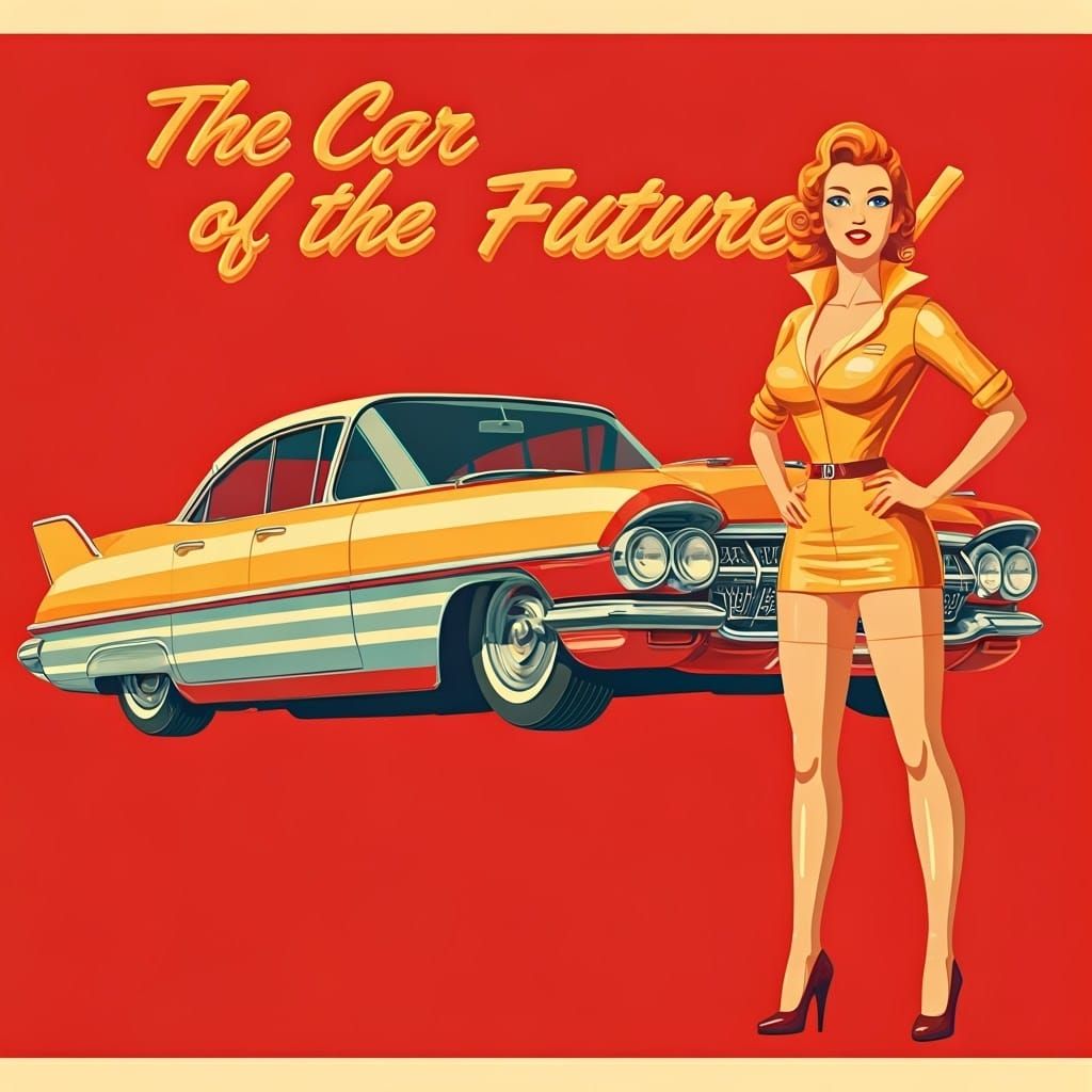 Retro Sci-Fi Pin-Up Model with Flying Car