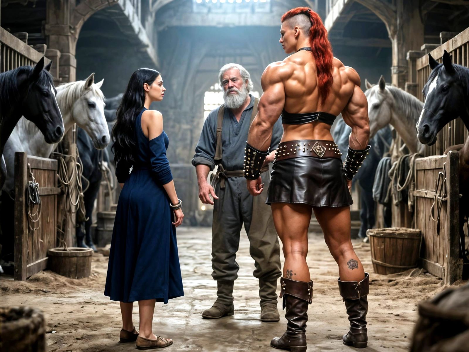 Medieval Stable Scene With Muscular Amazonian Woman