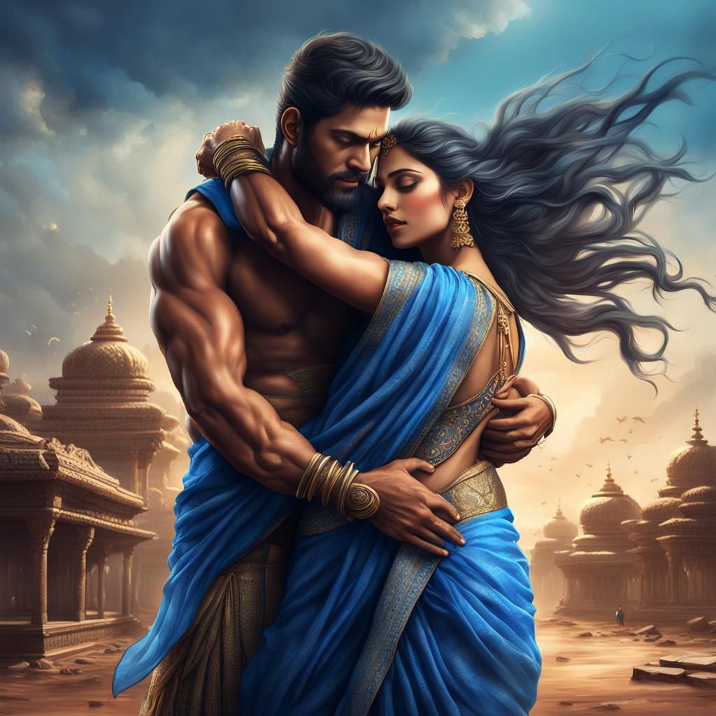 Romantic Embrace in Traditional Indian Clothing