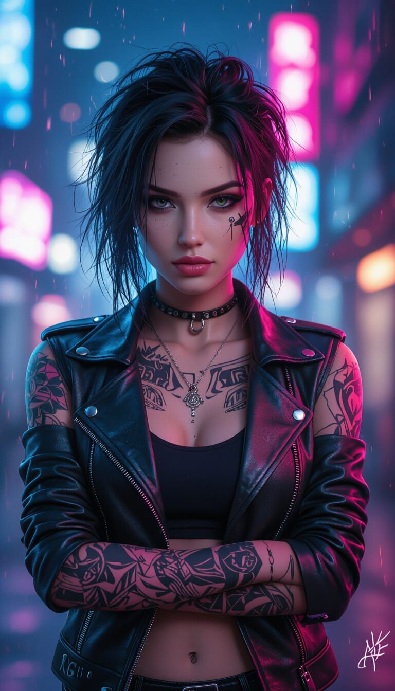 Cyberpunk Girl with Tattoos in Neon City