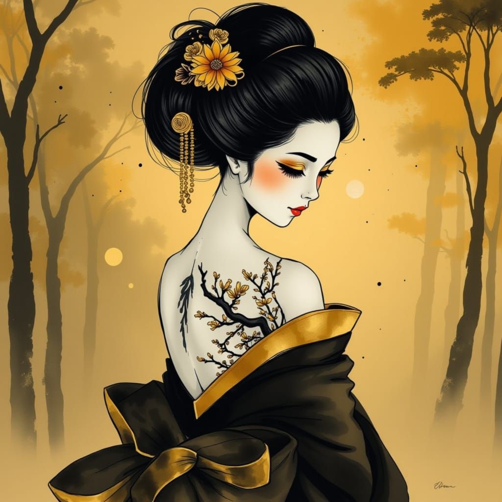 Mysterious Geisha with Floral Tattoo in Black and Gold