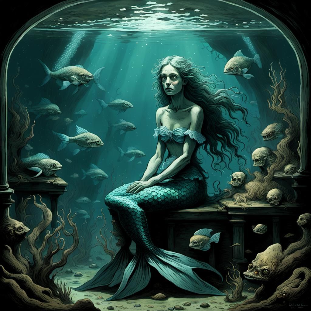 Creepy Mermaid in Aquarium: Horror Art